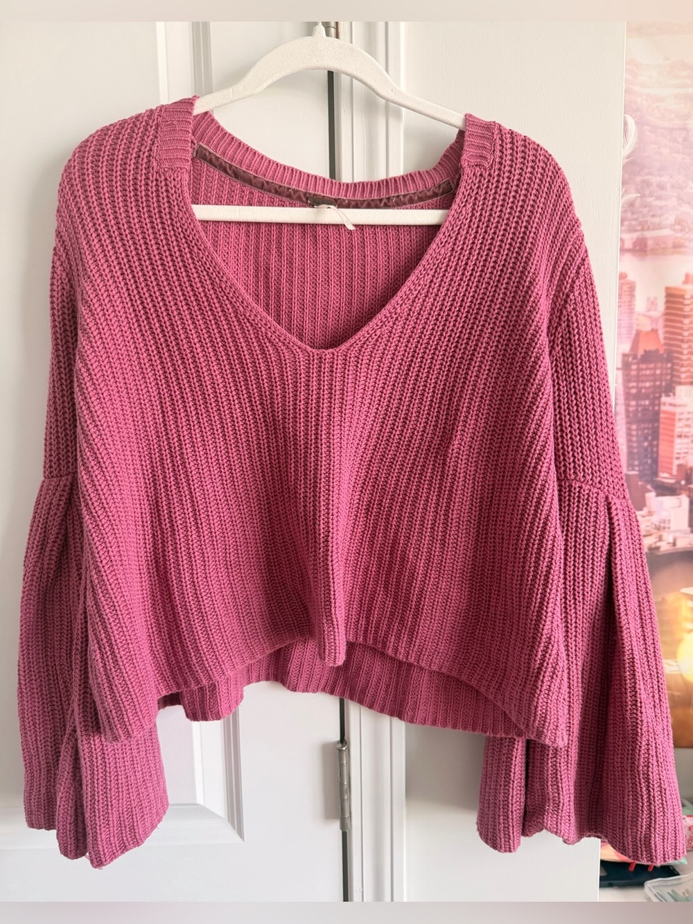 Free People Pink V-Neck Ribbed Oversized Women’s Sweater